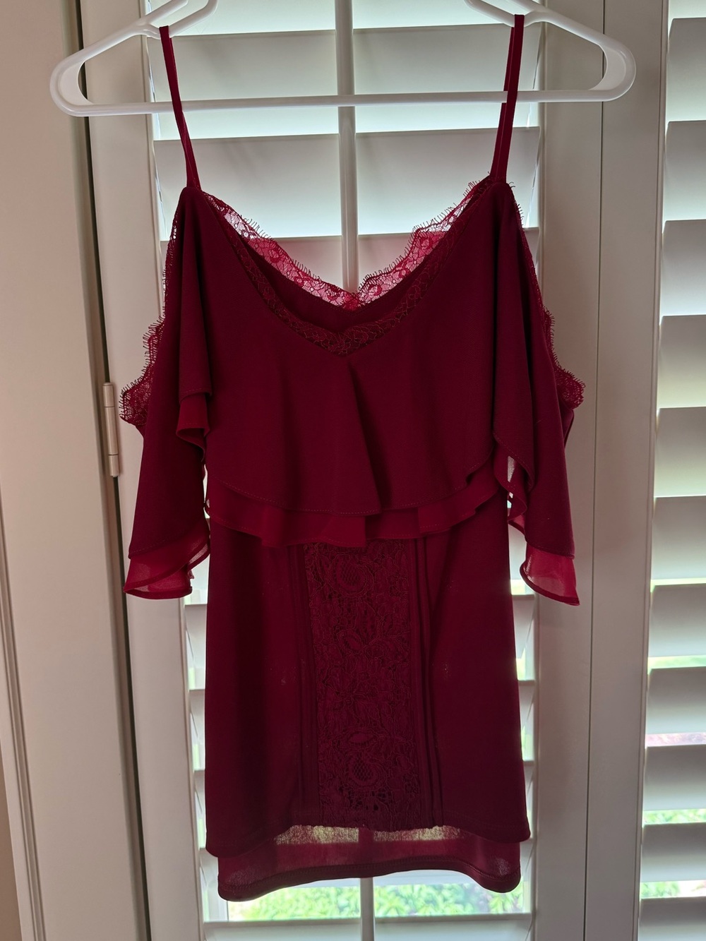Burgundy Lace Trim Cold-Shoulder Top
